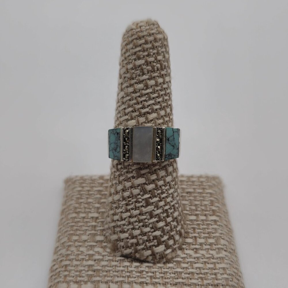 Size 8 Sterling Silver Shell Howlite And Marcasite Ring A1873